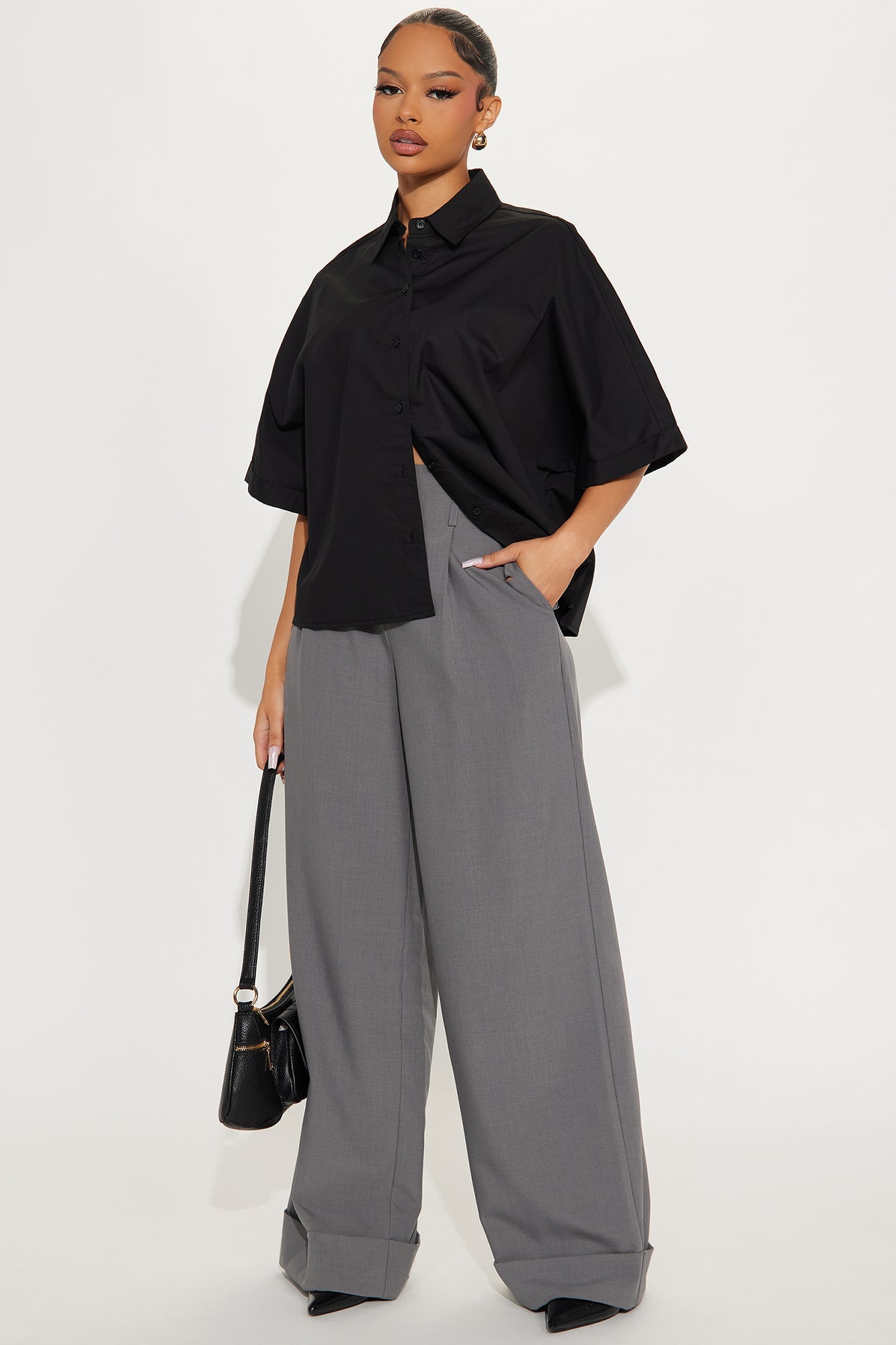 Sancie Oversized Poplin Button Up Shirt - Black