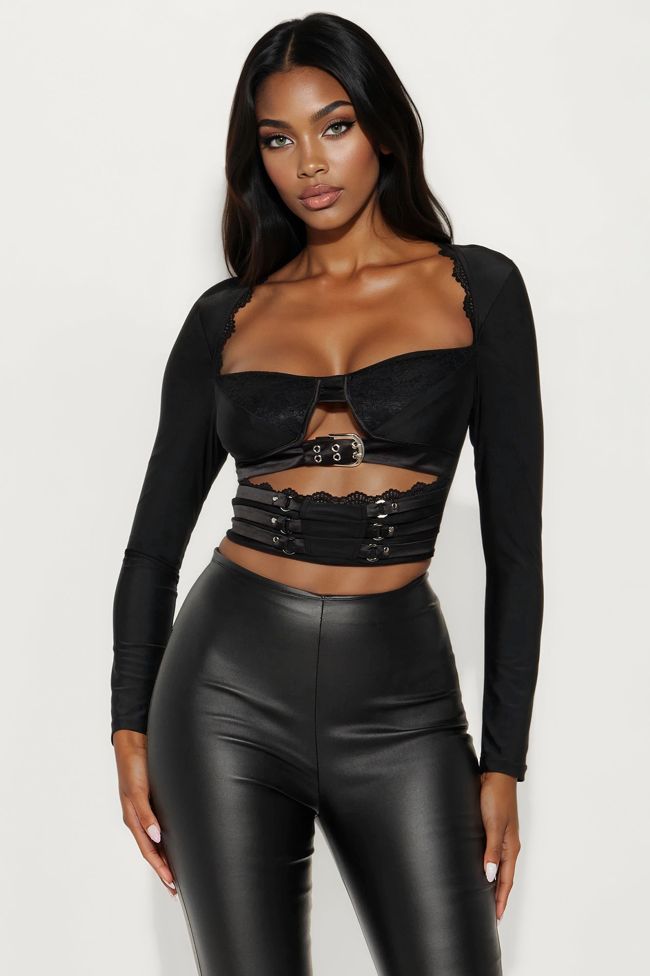 Buckle Down Babe Cut Out Long Sleeve Top - Black