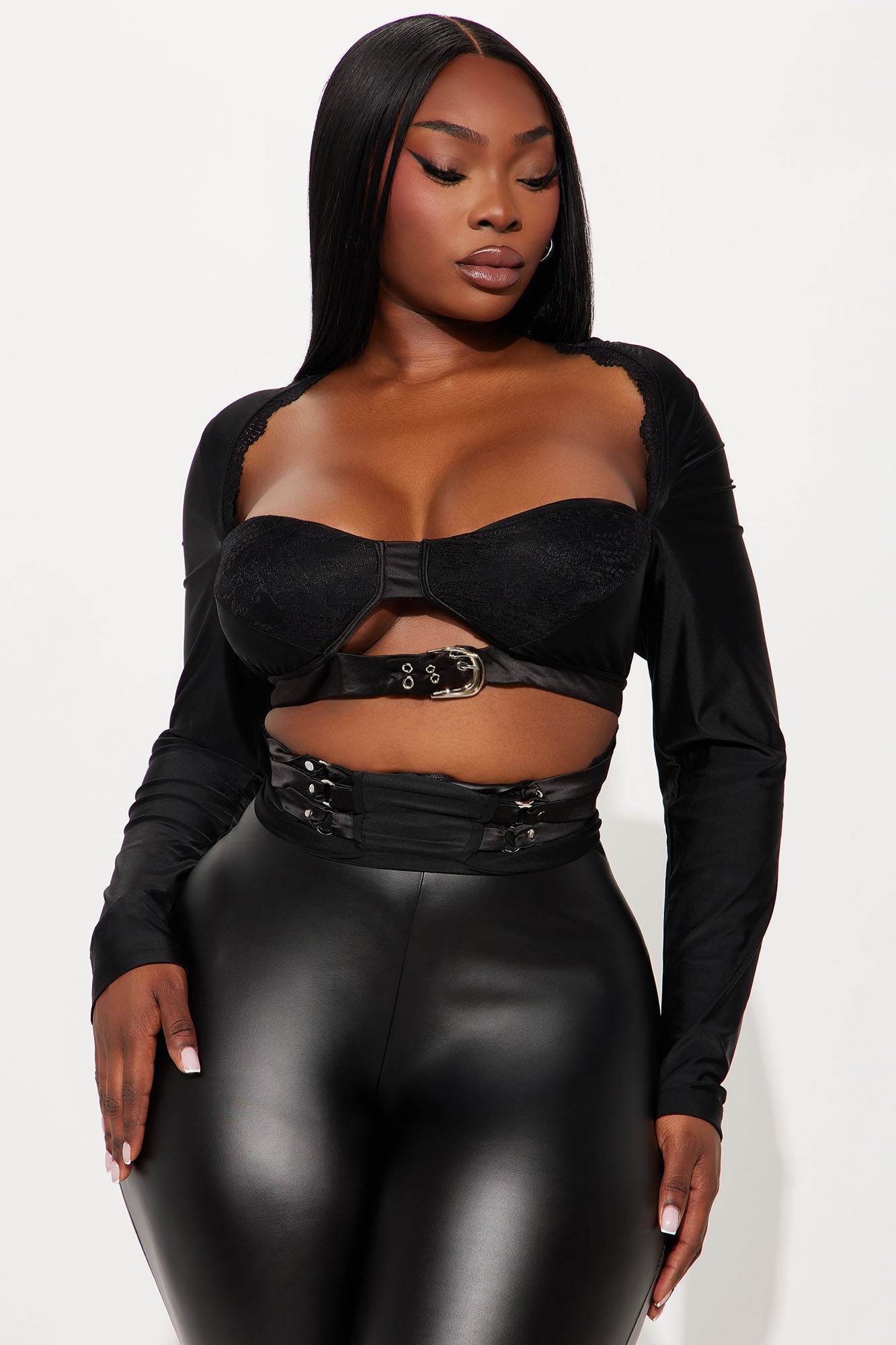 Buckle Down Babe Cut Out Long Sleeve Top - Black