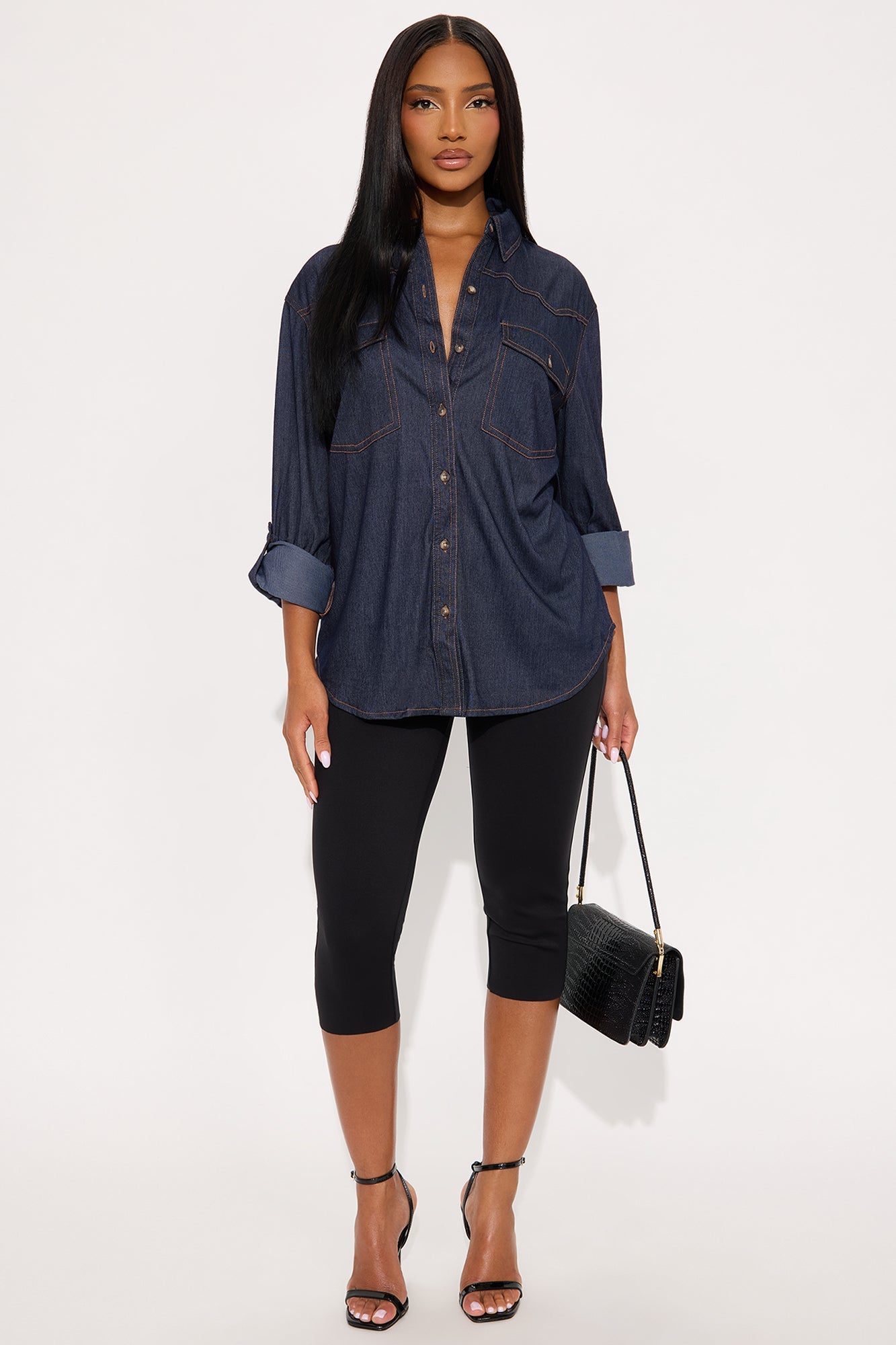 Piper Long Sleeve Button Up Denim Shirt - Dark Denim