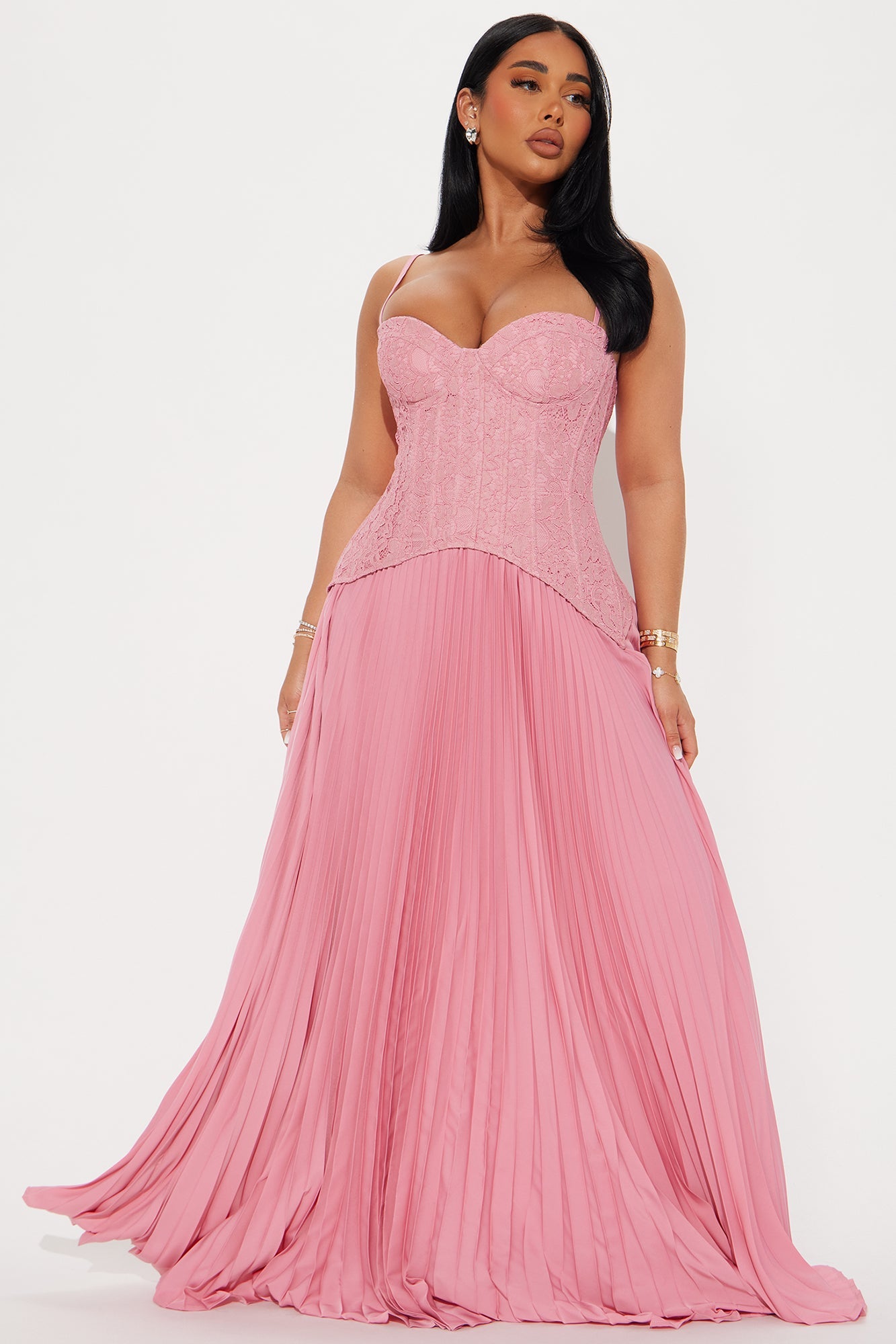 Daniella Lace Corset Pleated Maxi Dress - Pink
